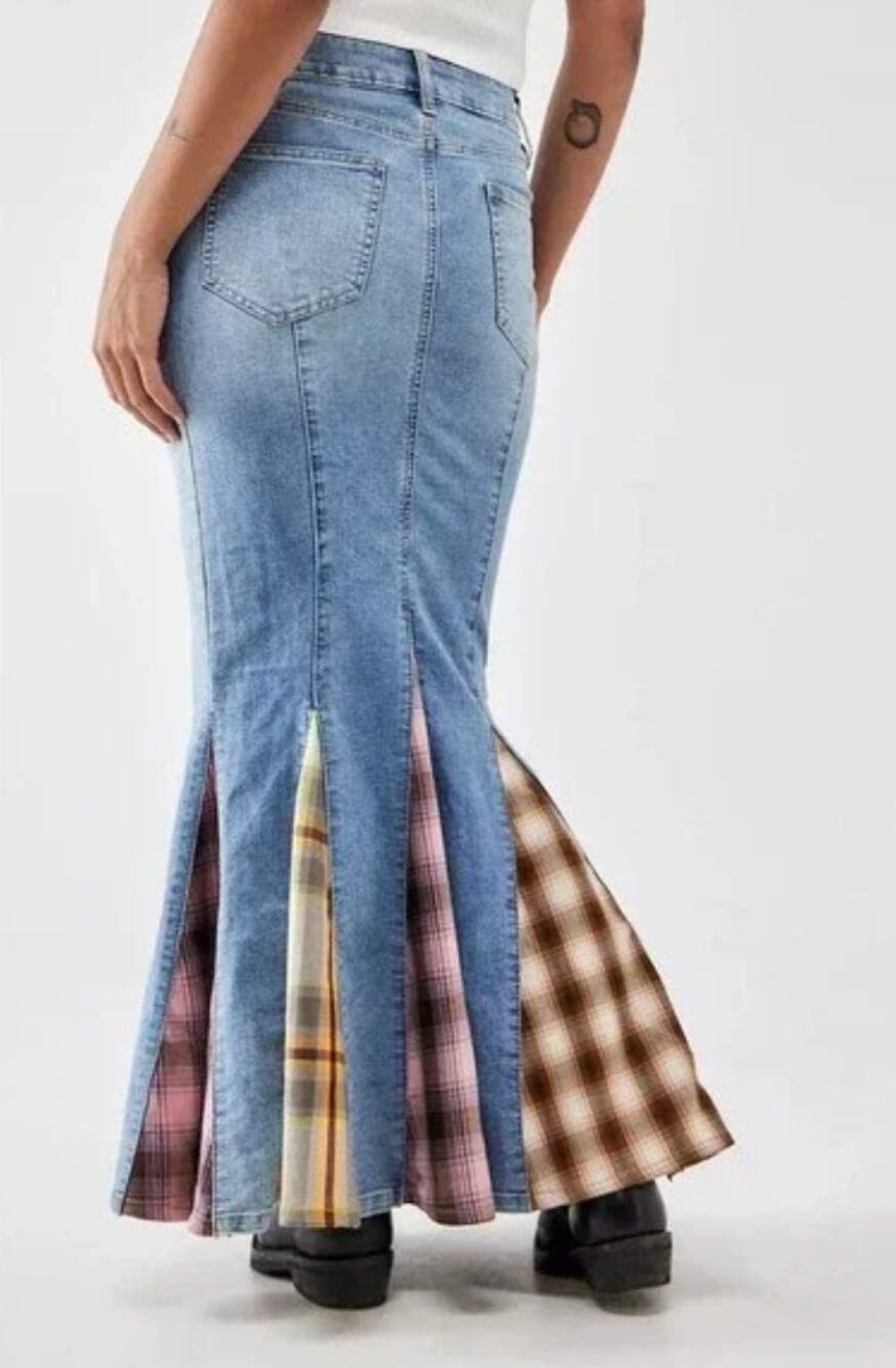 NWT Urban Outfitters BDG Sasha Spliced Denim Maxi Skirt Womens XS Plaid Grunge